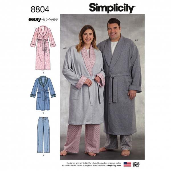 Simplicity Sewing Pattern 8804, Pyjamas, Robes for Men, Women, AA (S-M-L) - Easy