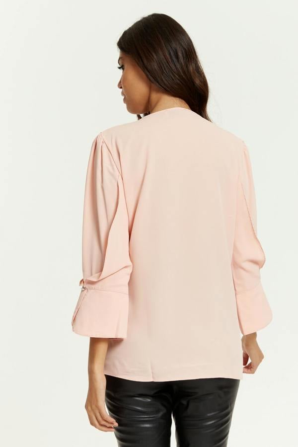 Hoxton Gal Long Sleeves Detailed Cuff Blouse with V Neck in Pink