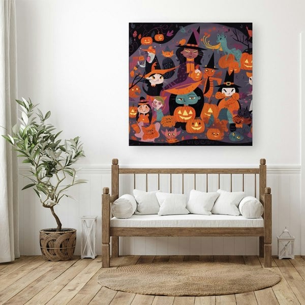 Warren Reed A Vibrant Illustration Of Witches And Pumpkin Canvas