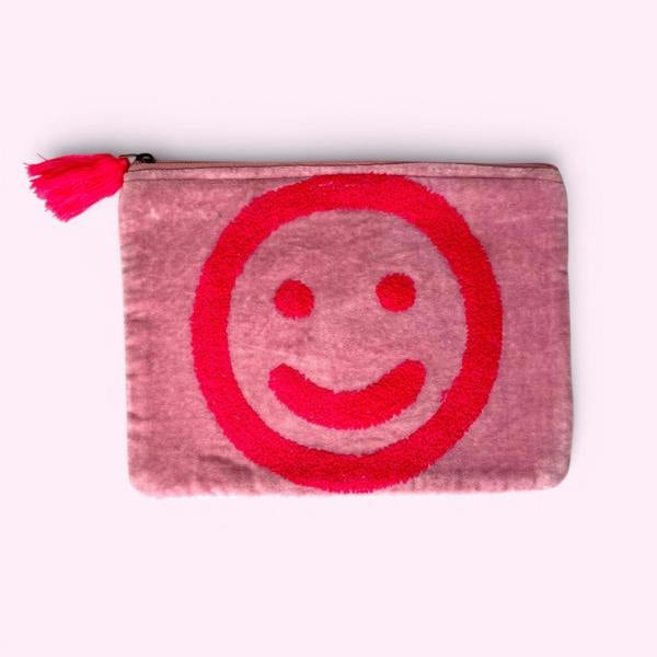 Hayley & Co Embroidered Velvet Make Up Bag | Everyday Pouch | Smiley Face in Pinks