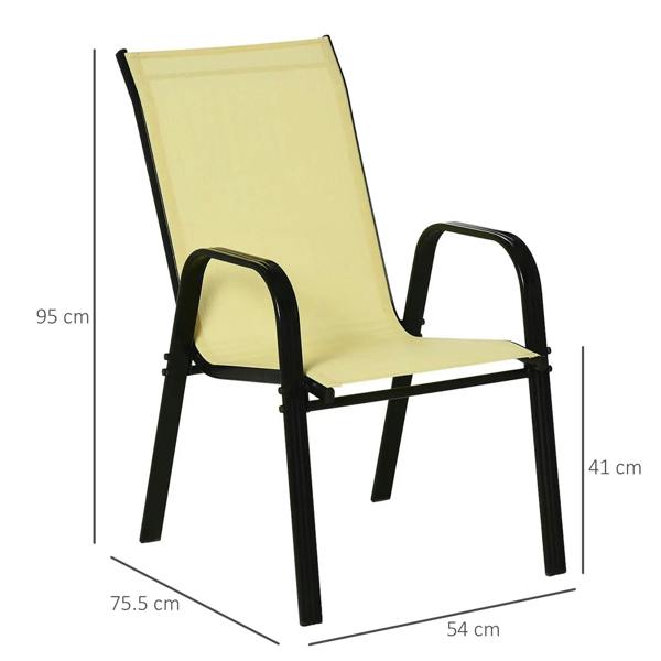 Beige mesh seat and back stackable chair with black metal frame, side view