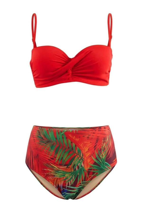WOVCOR Tropical Patterned Draped Balconette High Waist Regular Padded Bikini Set