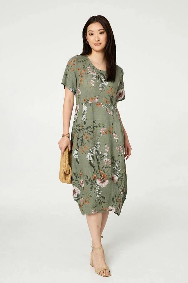 Khaki | Floral Short Sleeve Oversized Midi Dress