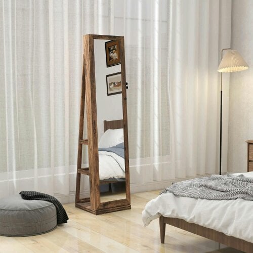 Bobobiy 360° Swivel Jewellery Cabinet, Lockable Jewellery Organiser with Built-in Makeup Mirror and Storage Shelves, Rustic Brown