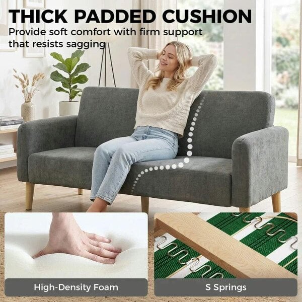 2 Seater Sofa, Velvet Small Couch with 20cm Thick Padding, Wide and Deep Seat, Grey