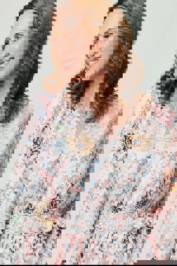 Pink | Border Print Tie Waist Knee Length Dress
