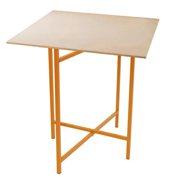 Mortar board stand with a square beige top and sturdy orange metal legs, measuring 750mm high, ideal for construction use