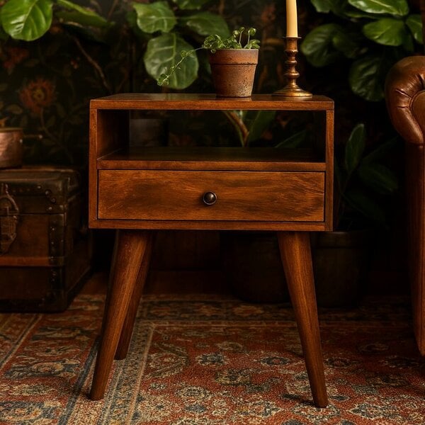 Wyld Haus Chioggia Rustic Chestnut Solid Wood Bedside Drawer and Open Shelf