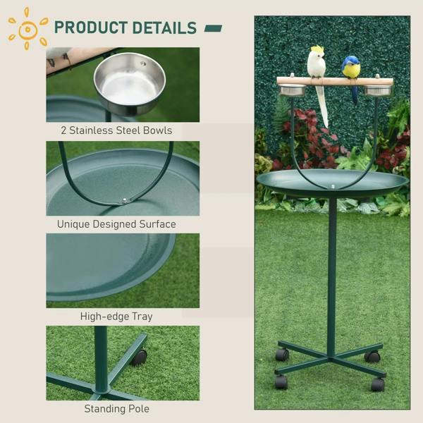 Green bird perch stand with two stainless steel bowls and high-edge round tray