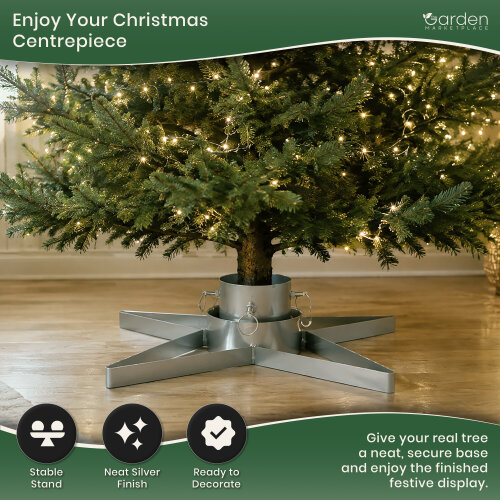 Star-Shaped Silver Christmas Tree Stand with Water Tank, Fits Real Trees up to 2.5m, 3 Screw Clamps for 35-85mm Trunks