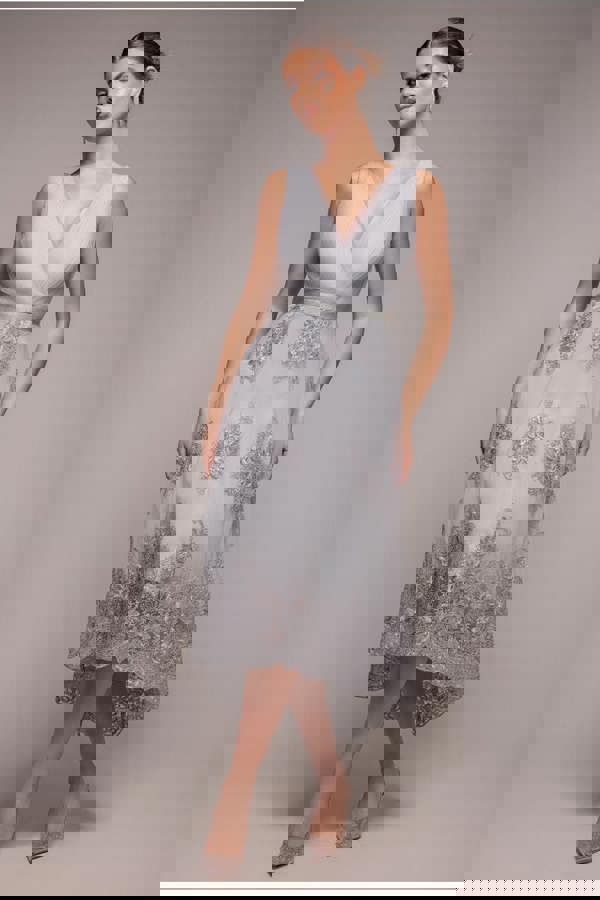 Pleated Satin Bodice High And Low Dress - Grey DR3337QZ