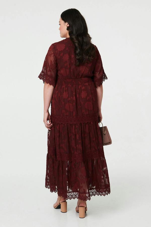 Red | Curve Floral Lace 1/2 Sleeve Maxi Dress
