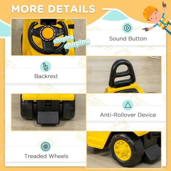 Yellow kids ride-on forklift truck features: steering wheel, backrest, anti-rollover base, tread wheels
