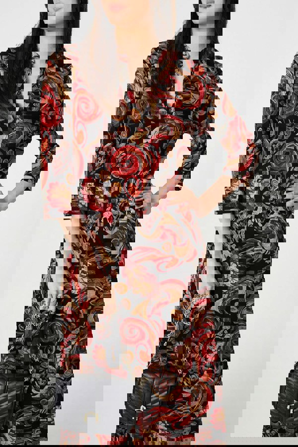 Red | Abstract 3/4 Sleeve Maxi Shift Dress
