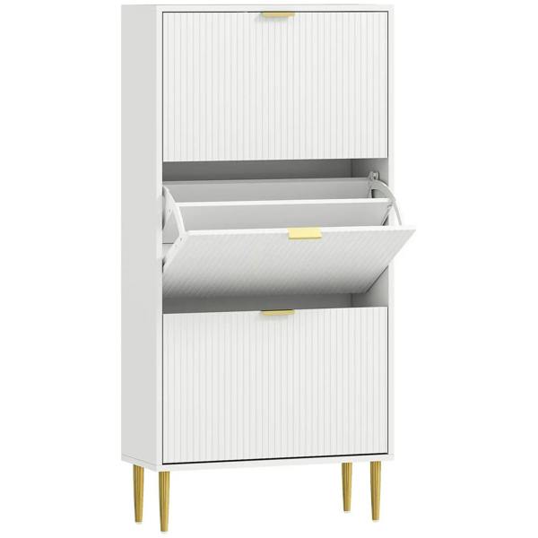 White three-drawer shoe cabinet with open middle drawer and gold legs