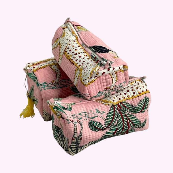Hayley & Co Jungle Print Cotton Washbag, Make Up Bag, Pencil Case with Waterproof Lining - Jungle Animal Print in Pink