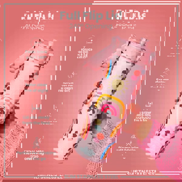A pink, rainbow-decorated water bottle, with a 240° opening flip lid, is being held against a pink background. The lid folds back, away from the face, for safe, on-the-go drinking. The bottle is slim stainless steel.