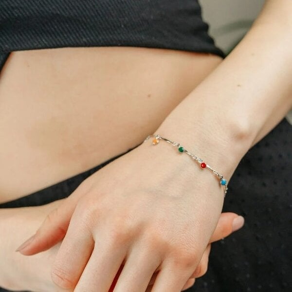 The Colourful Aura Multi Colour Dangle Dainty Beaded Mama Boho Charm Rainbow PRIDE Bracelet - Silver
