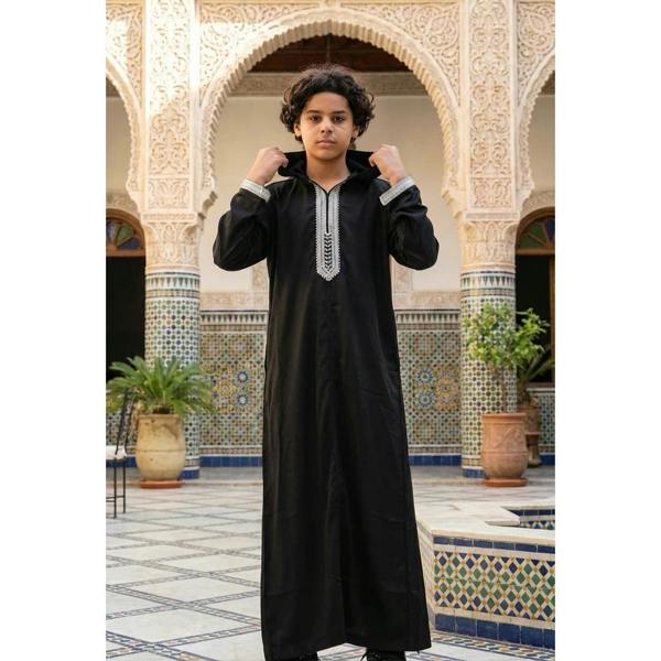 Boy's Moroccan Thobe Hooded Gandoura Embroidery Jubba - Black - Thobez - 2