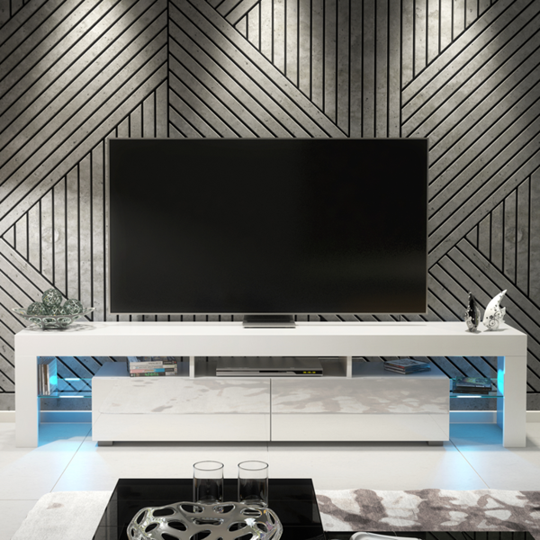 Mex Furniture Sleek Modern 200cm TV Unit Cabinet Stand White High Gloss Doors with Free LED Lights