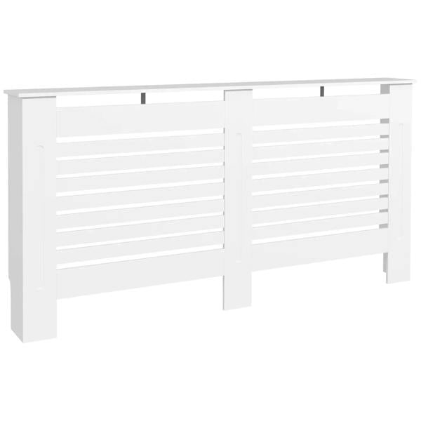 White MDF radiator cover cabinet with horizontal slat panels and open grille front.