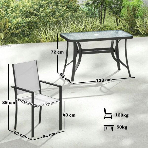 Garden Dining Set for 4 with Umbrella Hole, Stackable Chairs and Rectangular Glass-Top Outdoor Table, Light Grey