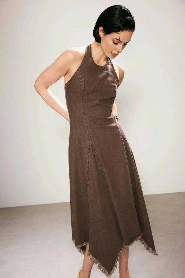 WOVCOR Halter Neck Asymmetrical Midi Denim Dress