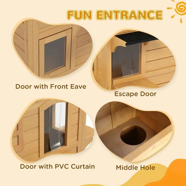 Outdoor wooden cat house showing front entry door, side escape opening, and round middle hole