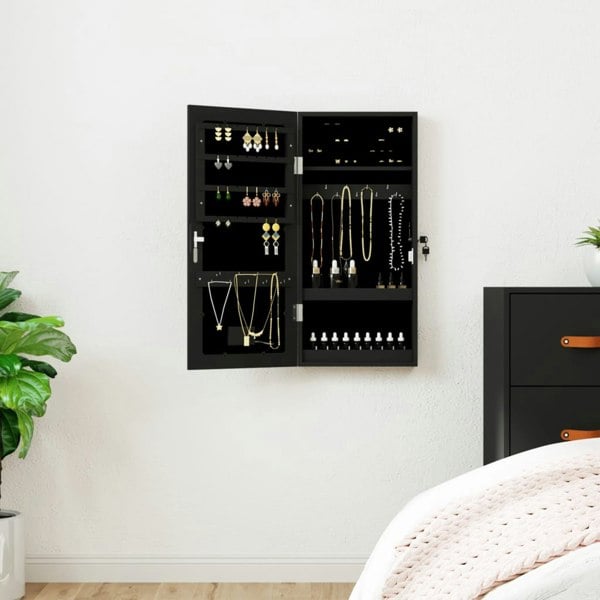 Berkfield Mirror Jewellery Cabinet with LED Lights Wall Mounted Black
