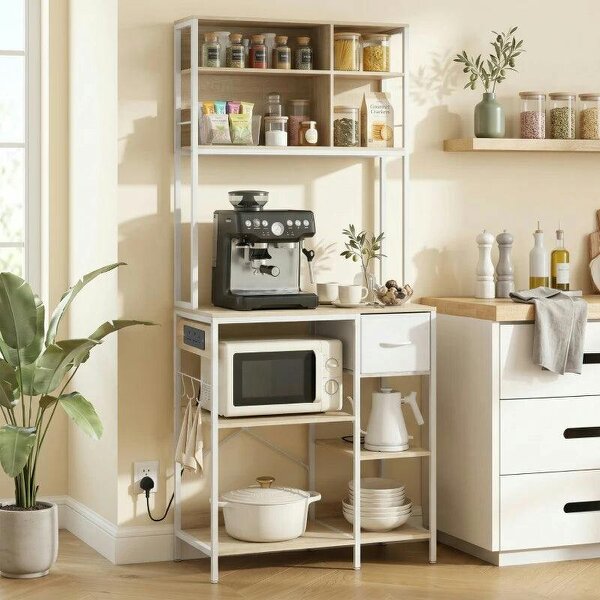 Kitchen Baker's Rack, Microwave Stand with Storage Shelves and 6 Hooks for Small Spaces - Oak