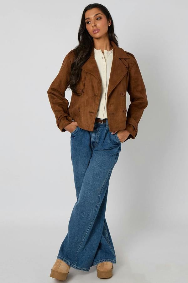 Urban Bliss Brown Cropped Faux Suede Trench