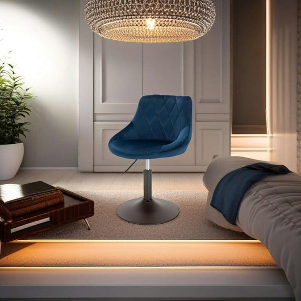 Modcraft Set of 2 Blue Velvet Swivel Bar Stools – Adjustable Dining Chairs with Backrest for Kitchen