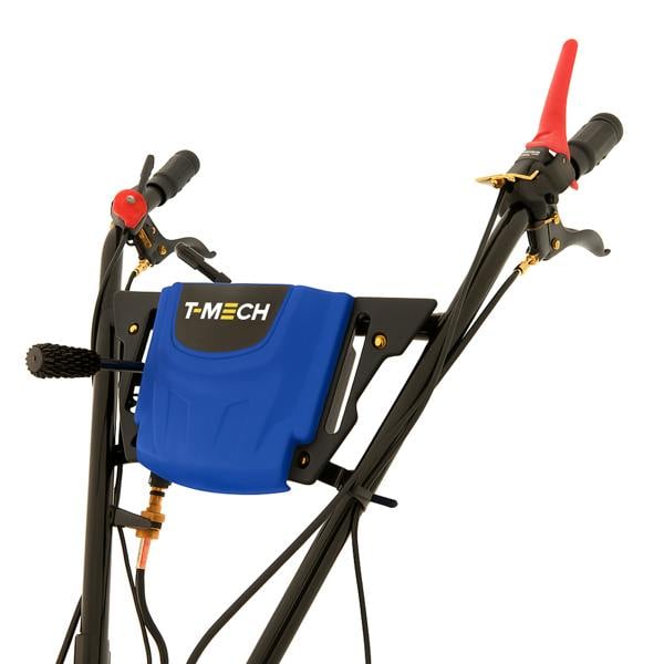 T-MECH 7.5hp petrol rotavator featuring a blue control panel, ergonomic handles, and robust metal frame for efficient soil tilling