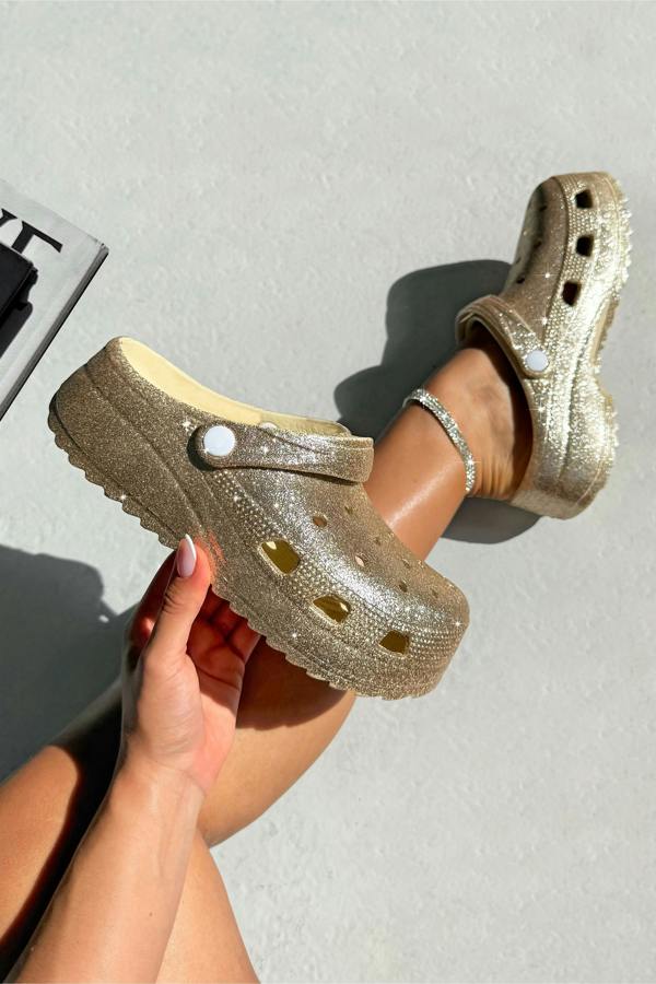Love Lemonade Sparkly Glitter Splash Clog Sliders Gold