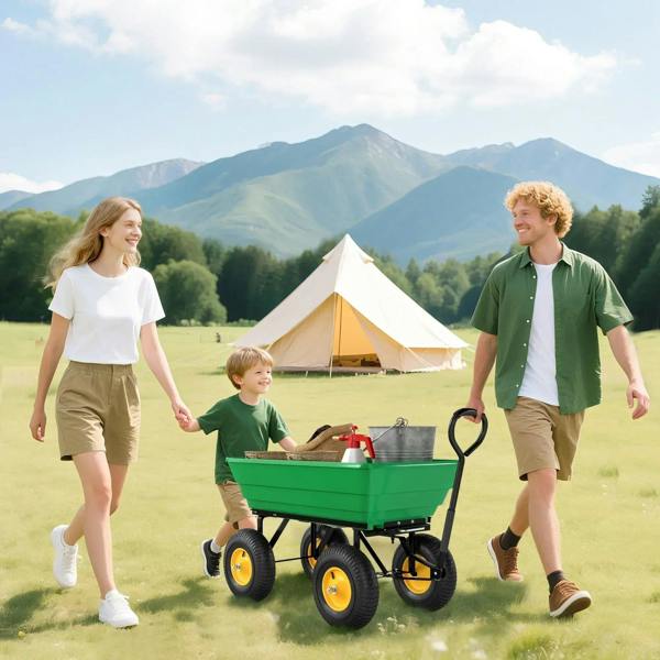 Green tipping garden cart with front tub and four yellow wheels