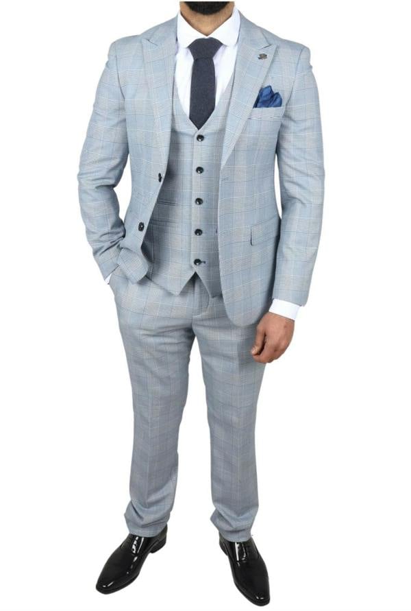 Infinity Leather Men's Blue Checked 3 Piece Suit Tailored Fit Suit Formal Wedding