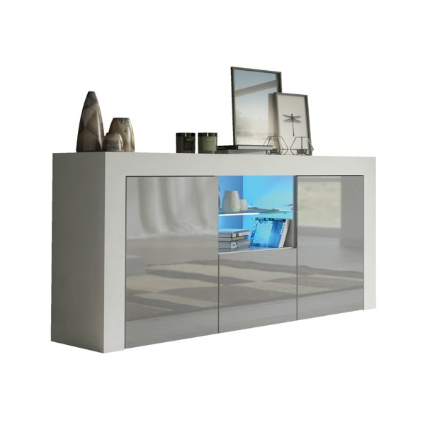 Mex Furniture Modern 145cm TV Unit, Cabinet Stand & Sideboard with Grey Gloss Doors & Free LED