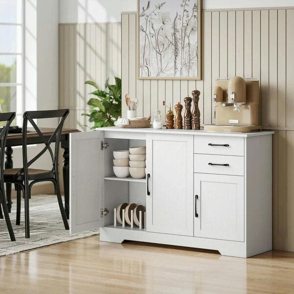 Sideboard with 2 Drawers Modern Storage Cabinet, Kitchen Cupboard with Adjustable Shelf and 3 Doors White