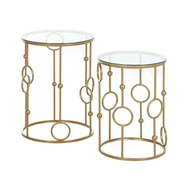 Set of 2 round nesting coffee tables with gold-tone metal frames and clear glass tops