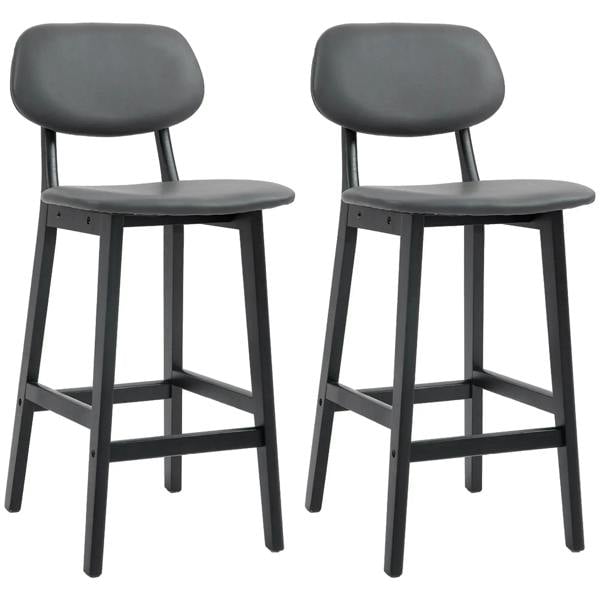 Dark grey bar stool set of 2 with backs, footrests, and solid wood legs