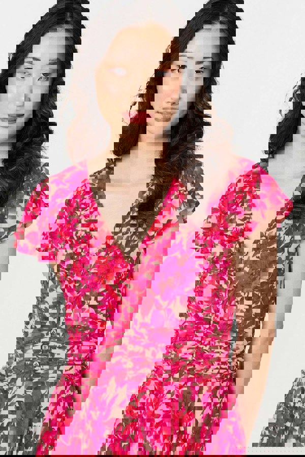Pink | Floral Cap Sleeve Ruched Maxi Dress
