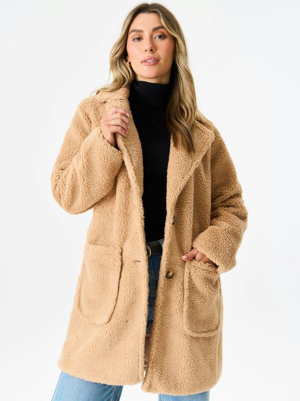 Gini London Camel Faux Fur Longline Teddy Overcoat