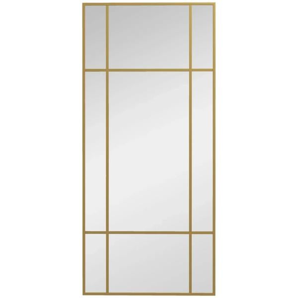 Gold-tone grid wall mirror with rectangular frame and reflective glass panels.