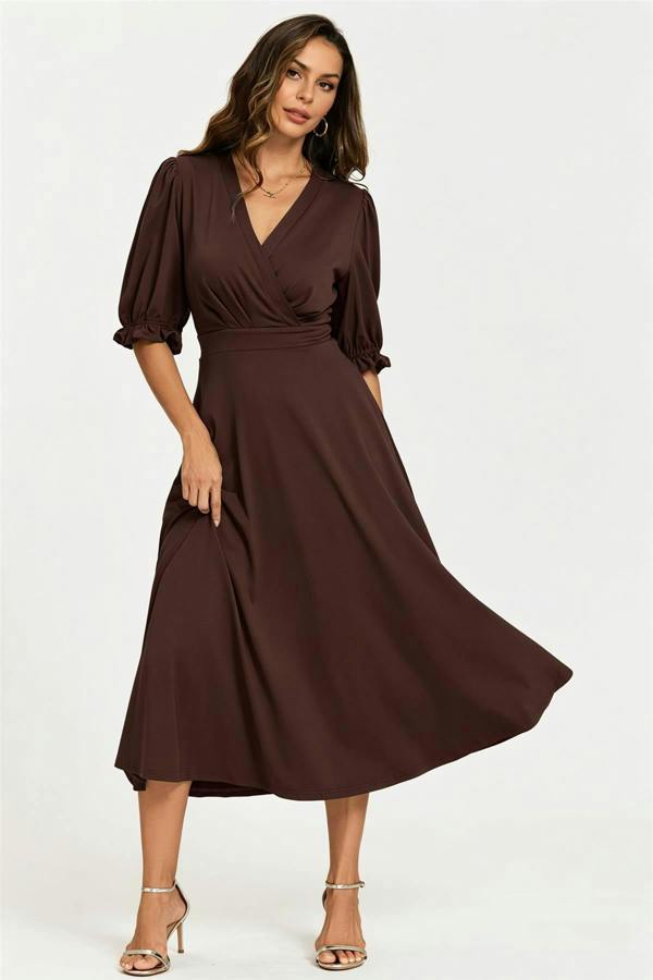 FS Collection Half Sleeves Jersey Midi Dress with Wrap Neckline In Chocolate