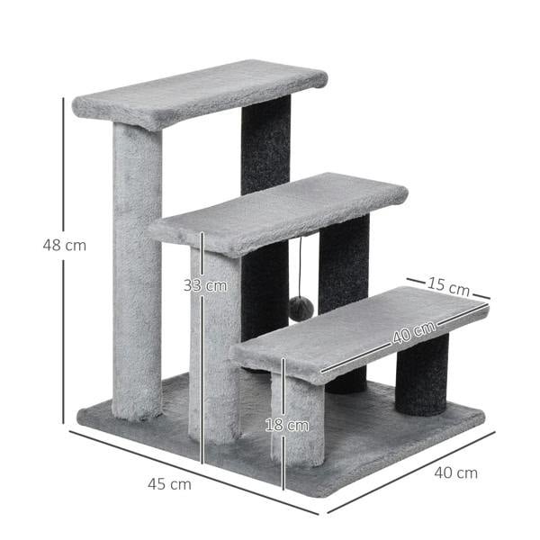 Grey 3-step pet stairs with platform steps and scratching posts