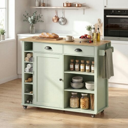 HOMCOM Rolling Kitchen Island on Wheels with Drop Leaf, Light Green