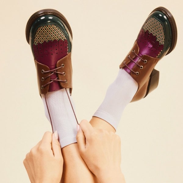 Embassy London Retro Tone - Green & Brown & Purple - Women's Colour-block leather lace-up with signature kiltie detail