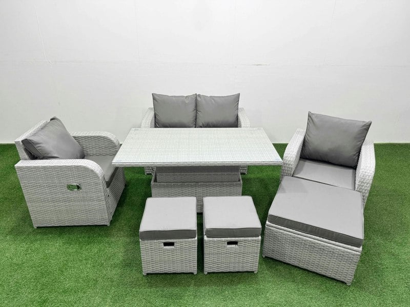Fimous Light Grey PE Wicker Rattan Garden Furniture Set Sofa Set Reclining Chair Adjustable Lifting Dining or Coffee Table 7 Seater 3  Stools