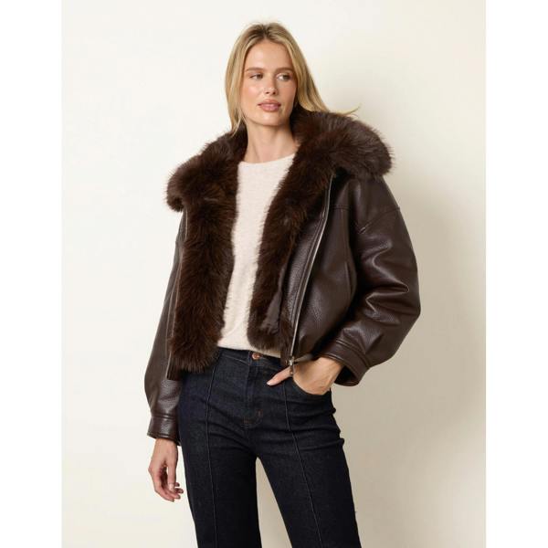 Blue Vanilla PU Faux Fur Trimmed Jacket