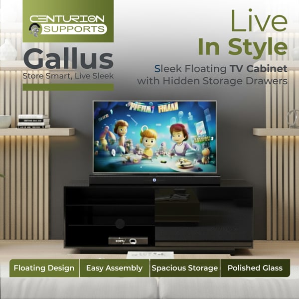 Centurion Supports Gallus Gloss Black with 2-Black Drawers and 3-Shelf 32"-55" LED/LCD/Plasma Cabinet TV Stand